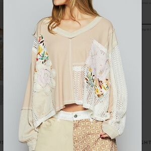 POL Beige Patchwork Long Sleeve Top
